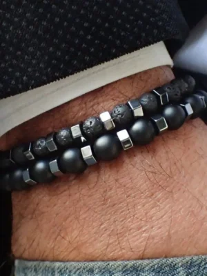 New Frosted Black Bead & Volcanic Stone Bracelet Set – Double Layer Men’s Jewelry