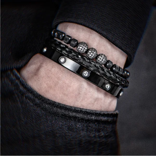 3PCS Luxury Micro Pave CZ Beaded Bracelets for Men, Stainless Steel Royal Charm