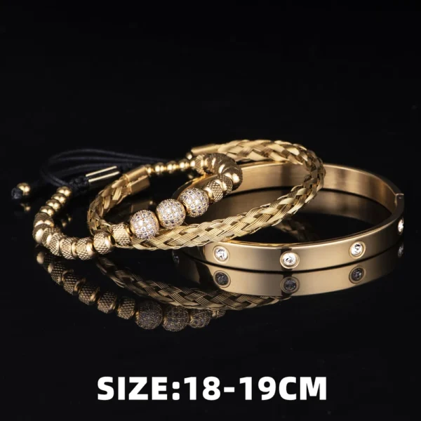 3PCS Luxury Micro Pave CZ Beaded Bracelets for Men, Stainless Steel Royal Charm