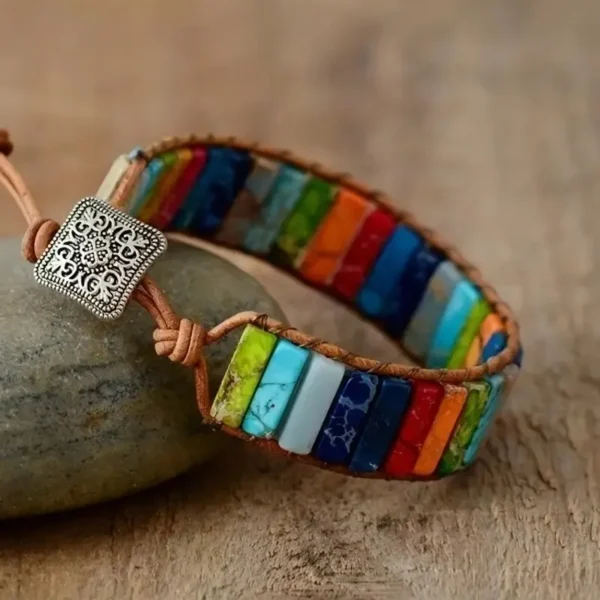 Bohemian Multicolor Emperor Stone Bracelet – 7 Chakra Healing Leather Bangle
