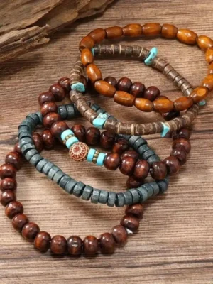 5 Pcs/Set Retro Wooden Bead Bracelets – Coconut Shell Design for Men & Women
