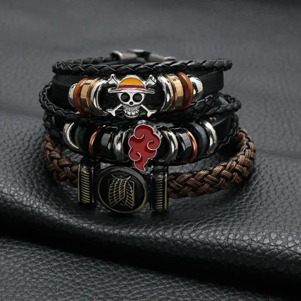 One Piece Pirate Bracelet Luffy Straw Hat Punk Black Leather Woven Design