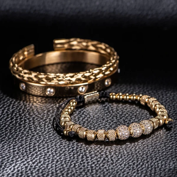 3PCS Luxury Micro Pave CZ Beaded Bracelets for Men, Stainless Steel Royal Charm