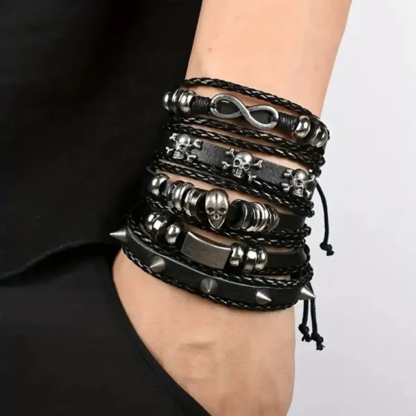 5-Piece Punk Style Bracelet Set PU Leather & Beads, DIY Braided Design