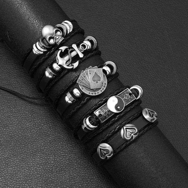 5-Piece Punk Style Bracelet Set PU Leather & Beads
