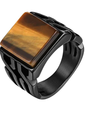Vintage Mens Tiger Eye Stone Ring Punk Black Titanium Steel Design