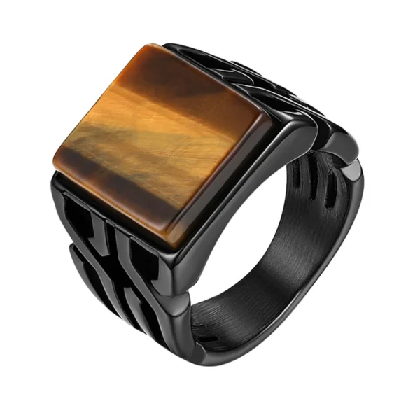 Vintage Mens Tiger Eye Stone Ring Punk Black Titanium Steel Design