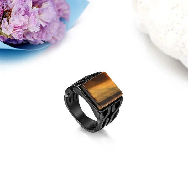 Vintage Mens Tiger Eye Stone Ring Punk Black Titanium Steel Design
