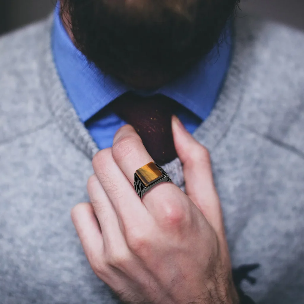 Vintage Mens Tiger Eye Stone Ring Punk Black Titanium Steel Design