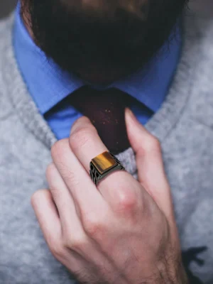 Vintage Mens Tiger Eye Stone Ring Punk Black Titanium Steel Design