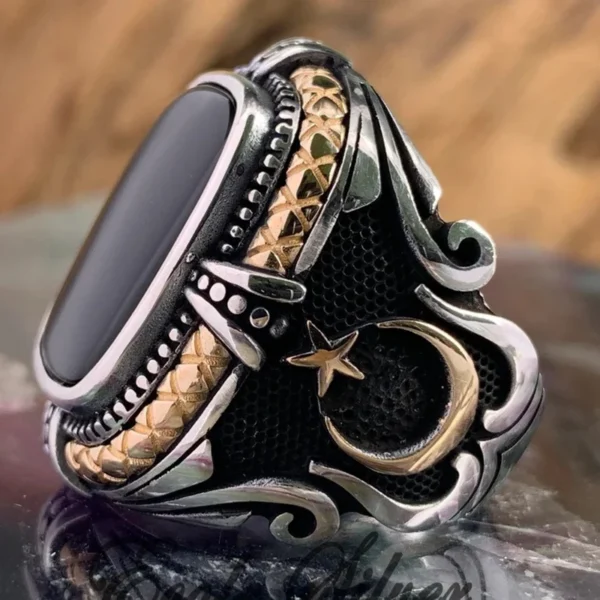 Vintage Turkish Star Moon Ring for Men Silver Tone with Black Zircon