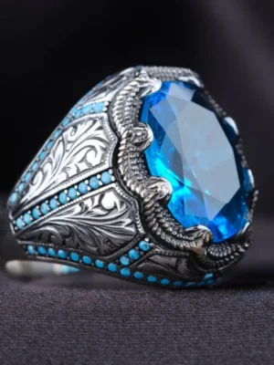 Retro Handmade Turkish Ring for Men Silver with Blue Zircon Inlay