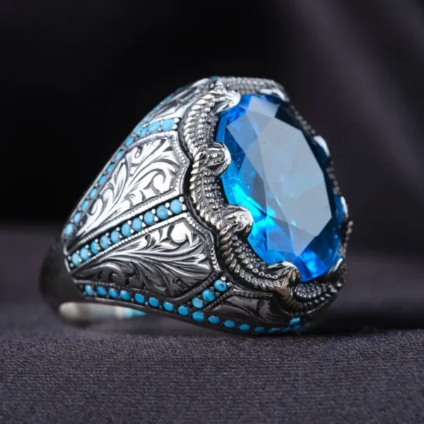 Retro Handmade Turkish Ring for Men Silver with Blue Zircon Inlay