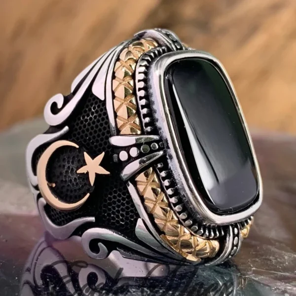 Vintage Turkish Star Moon Ring for Men Silver Tone with Black Zircon