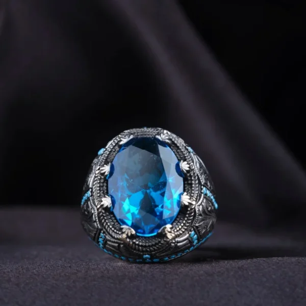 Retro Handmade Turkish Ring for Men Silver with Blue Zircon Inlay