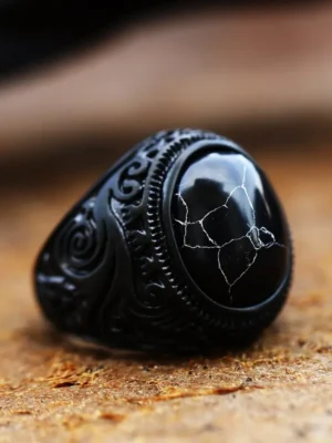 Vintage Turkish Black Tiger Eye Ring Men Titanium Steel Jewelry