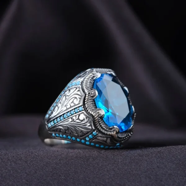 Retro Handmade Turkish Ring for Men Silver with Blue Zircon Inlay