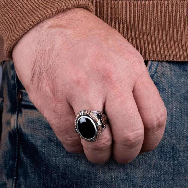 Vintage Turkish Star Moon Ring for Men Silver Tone with Black Zircon