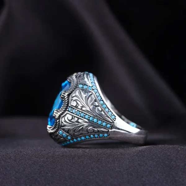 Retro Handmade Turkish Ring for Men Silver with Blue Zircon Inlay