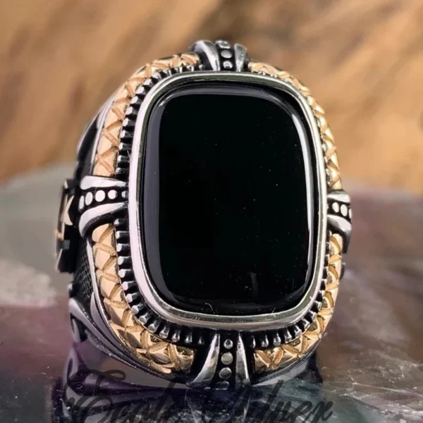 Vintage Turkish Star Moon Ring for Men Silver Tone with Black Zircon