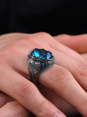 Retro Handmade Turkish Ring for Men Silver with Blue Zircon Inlay