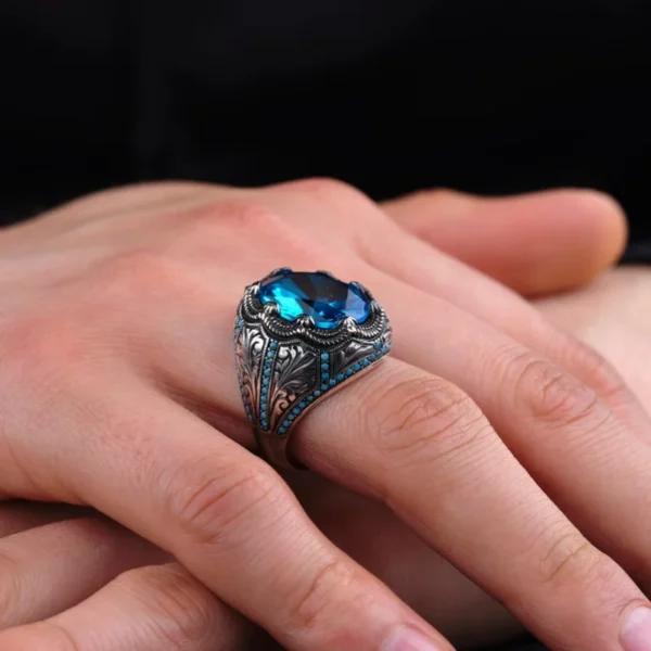 Retro Handmade Turkish Ring for Men Silver with Blue Zircon Inlay