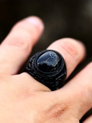 Vintage Turkish Black Tiger Eye Ring Men Titanium Steel Jewelry